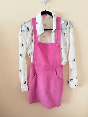 Sugar Thrillz Pink Retro Bee Kind Corduroy Pinafore Set Size XS
